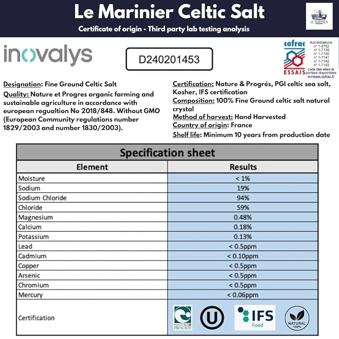 Le Marinier Celtic Salt Organic Fine Ground, 1.1lb - 18oz, Pack of 2. Mineral Rich Unrefined 100% Natural, Hand Harvested Mineral French Sea Salt (1.1lb Fine Ground - Pack of 2)