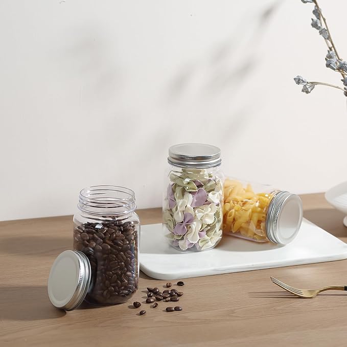 novelinks Plastic Jars With Lids 24Pcs 16 oz Plastic Mason Jars Silver Jar Food Storage Reusable Empty Storage Containers (Sliver, 24 Pack 16 Ounce)