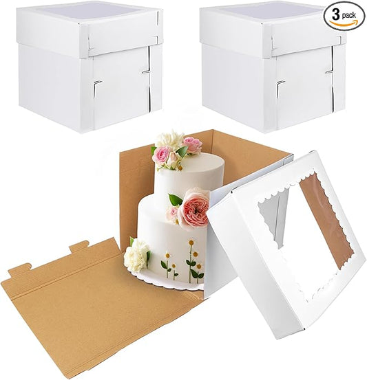 KEEPARTY 3PCS White Tall Cake Boxes 12x12x12inch with Window White Disposable Baking Box Container Wedding Cake Carrier