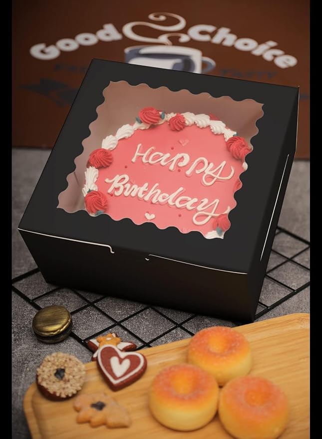 Bakepacker 36pcs 8x8x5 Inches Cake Boxes with Window 18-Packs Black Cake Boxes 8 Inch Bakery Boxes (18 Cake Boxes +18 Cake Boards Included)