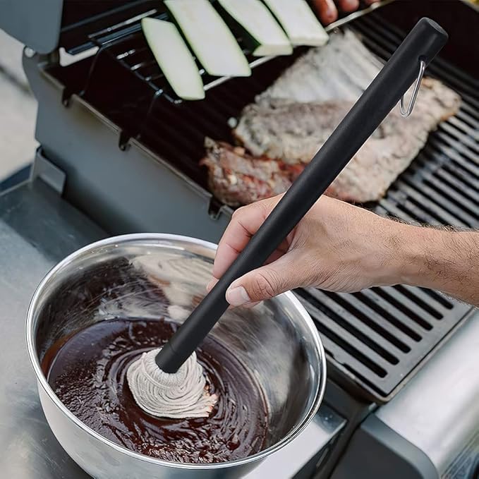 Grill Basting Mop, YFWOOD 18 Inch Grill Basting Brush BBQ Mop Black Wooden Long Handle with 4 Extra Replacement Heads for Grilling Smoking Barbecue Steak