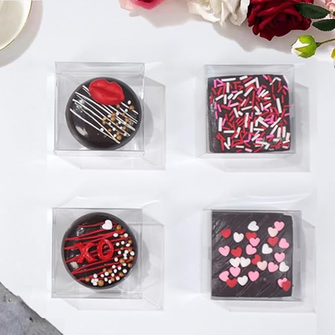 RomanticBaking 50Pack 2 x 2 x1.2 Inches Plastic Clear Single Macaron Box Party Favor Bakery Boxes Chocolate covered Ore Boxes