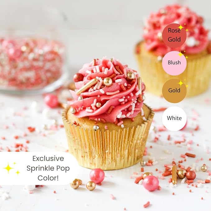 Sprinkle Pop Vintage Rose Gold Sprinkle Mix| Blush White Rose Gold Sprinkles with Gold Dragees| Sprinkles Made in USA for Decorating Wedding Bridal Shower Valentines Day Cakes Cookies Cupcakes, 4oz