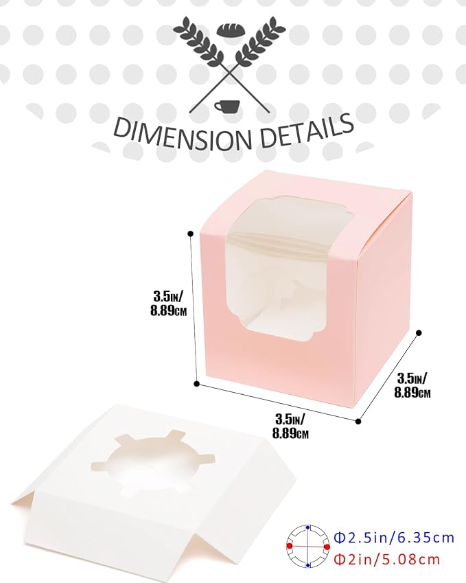 qiqee Pink Cupcake Boxes Individual 100 Packs 3.5x 3.5x 3.5 Auto-Popup Single Cupcake Carrier for Wedding Favor Birthday ＆ Party