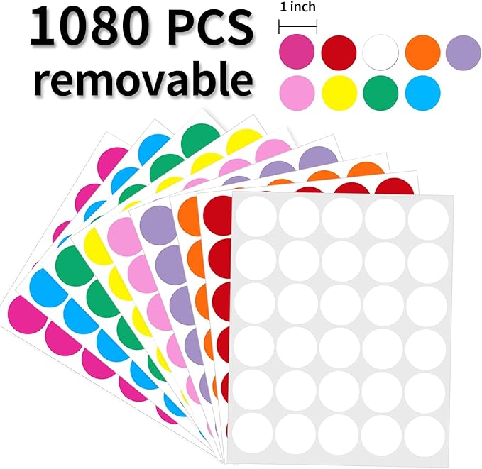 1 Inch Removable Color Code Dot Sticker Round Labels,Garage Sale Stickers Price Tags Label Blank Yard Sale Circle Dot Stickers Removable Writable Not Blurry (1080 Pack,9 Colors)