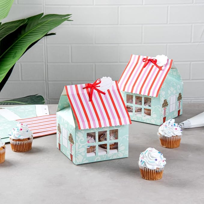 Restaurantware Pastry Tek 6 Inch x 7.8 Inch Cupcake Gift Boxes 100 Fits 4 Cupcake Favor Boxes - House Cupcake Inserts Pink And Blue Paper Treat Boxes With Window For Weddings Or Parties