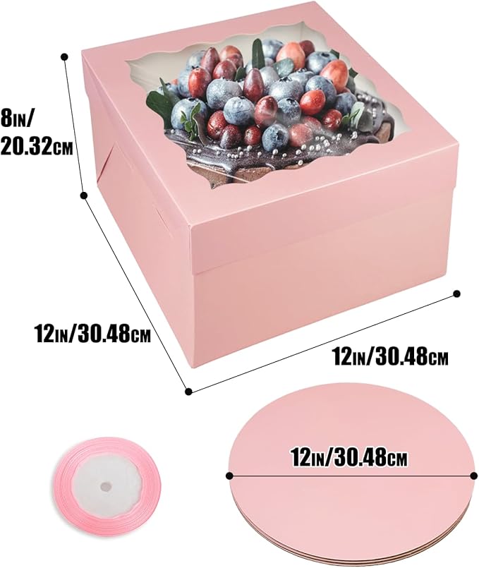 Bakepacker 12x12x8 Cake Box, 18 Sets Pink Cake Box with Window ＆ 18 Sets 12" Cake Round Boards, 12inch Cake Containers, 10 Meters Silk Ribbon
