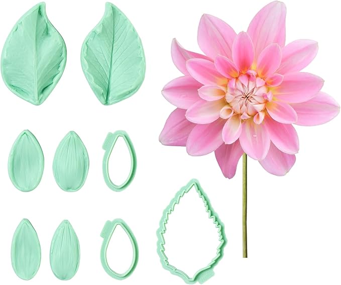 9Pcs Floral Fondant Mold Assortment, Mixed Flower Petal Veining Molds and Cutters for Sugar Craft and Candy Decoration