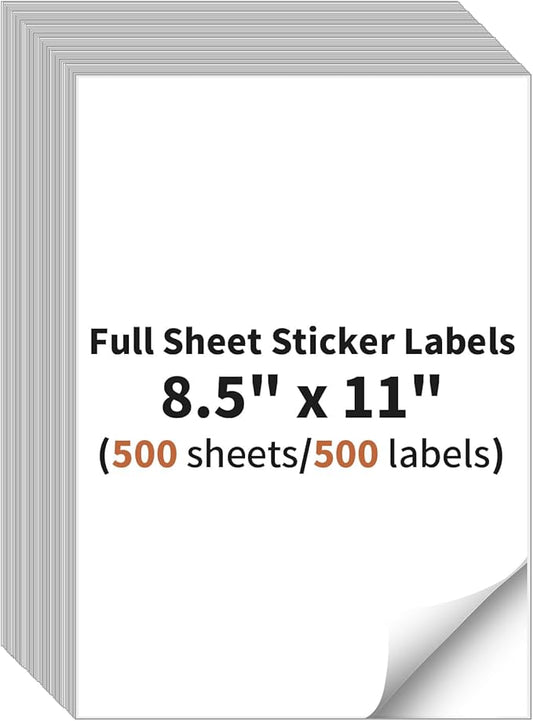 Full Sheet Sticker Labels, 8.5" x 11" Shipping Labels Paper (500 Sheets, 500 Labels), Self Adhesive Full Sheet White Matte Label Paper, Address Sticker Labels for Laser & Inkjet Printer
