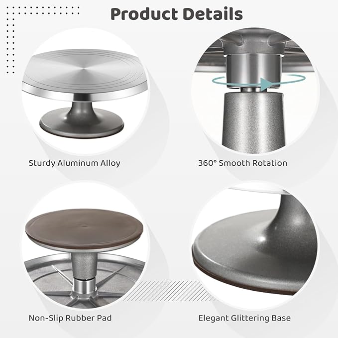 OMISTAR Aluminium Alloy Revolving Cake Stand, 12 in Cake Decorating Turntable, Non-Slip Rotating Platform, Smooth 360° Rotations for Cake Decorating and Baking Parties