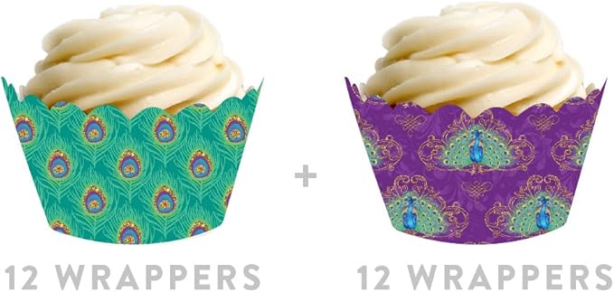 Andaz Press Party Cupcake Wrapper Decorations, Purple and Aqua Peacock Feathers, 24-Pack, Theme Colored Bulk Cake Supplies