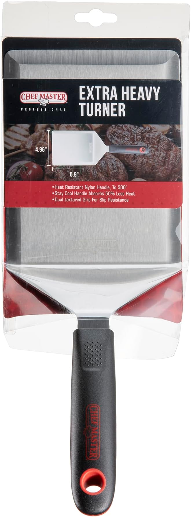 Chef Master 90286 High Heat Extra Heavy Turner Spatula, 5.9" x 4.96" Blade | Heat Resistant Handle | Slip Resistant Grip | Dishwasher Safe