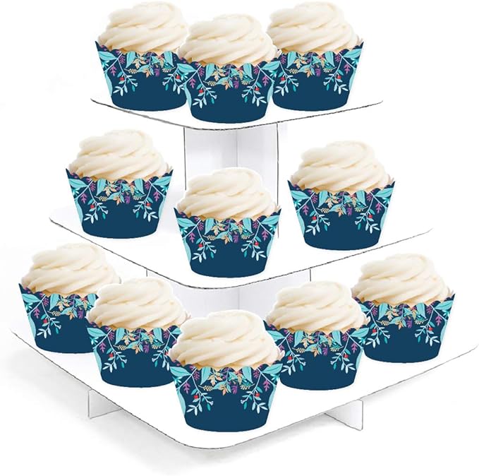 Andaz Press Party Cupcake Wrapper Decorations, Bohemian Vintage Aqua Floral Flowers on Navy Blue, 24-Pack, For Girls 1st Birthday Baby Bridal Shower Tea Party Themed Decorations