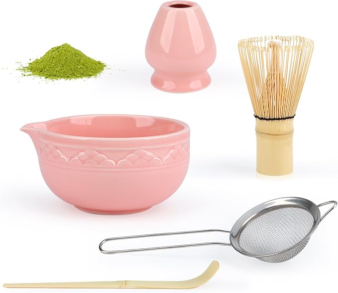 5Pcs Ceramic Matcha Set Pink, Matcha Whisk Set, Tea Set Includes Matcha Bowl 560ml/18.9oz, Matcha Whisk and Holder, Sifter, Bamboo Tascoop