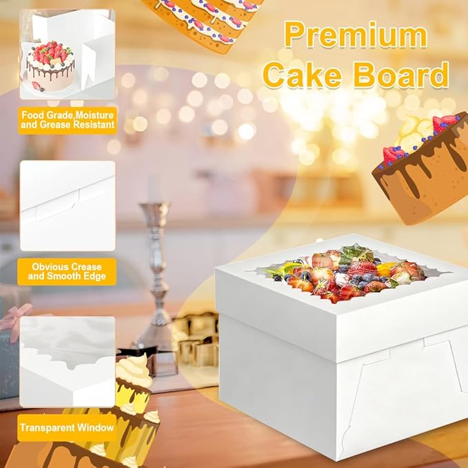 3 Pack Cake Boxes, 10x10x8 Inches Tall Cake Box with Cake Boards, White Bakery Boxes with Window, Disposable Cake Containers with Lids for Cake, Donuts, Pies, Cookies, Wedding, Birthday, Party