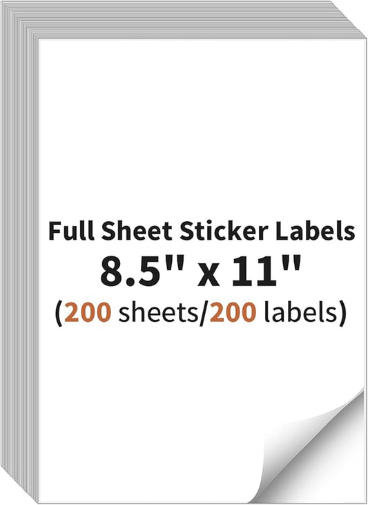 Full Sheet Sticker Labels, 8.5" x 11" Shipping Labels Paper (200 Sheets, 200 Labels), Self Adhesive Full Sheet White Matte Label Paper, Address Sticker Labels for Laser & Inkjet Printer