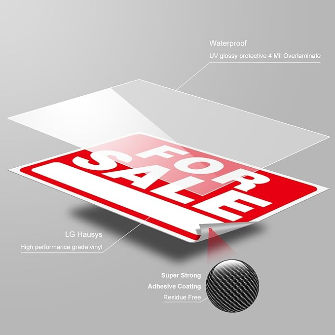 for Sale Sign Stickers- 5 Pack for Sale Signs Car, 10x7Inch Self-Adhesive Vinyl for Sale Sign Decal for Vehicles, Houses, Business, Garage- Scratch, Weatherproof, UV Resistant-Indoor and Outdoor