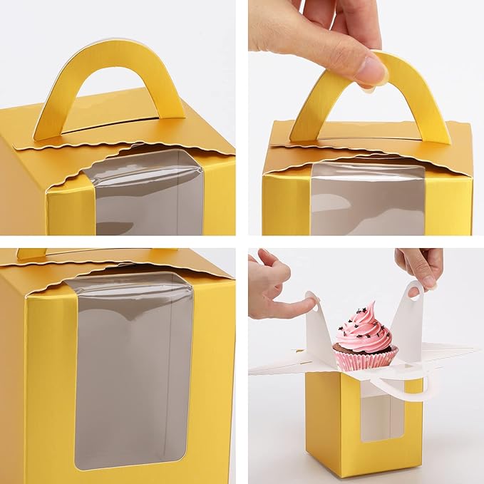 acDesign 100 Pcs Cupcake Holders Individual 3.6in*3.6in*4.3in Cupcake Boxes With Window Handle and Inserts for Bakery Wrapping Party Favor Packing(Gold)