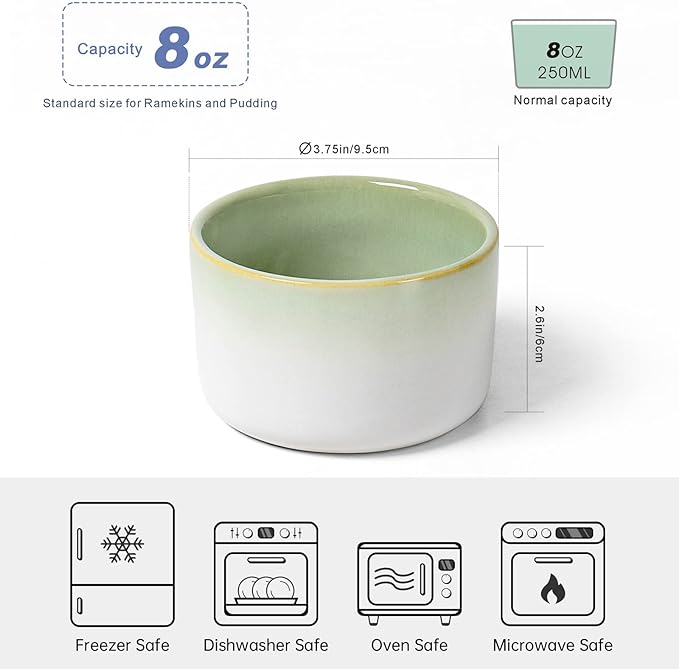 Ramekin Set of 6, UNICASA 8 oz Creme Brulee Ramekins, Oven Safe Baking Set for Custard, Pudding, Souffle Cups, Light Green