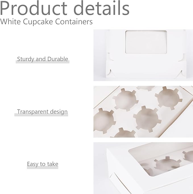 HONEYGIFTS 6 Count White Cupcake Boxes, 6 Sets Cupcake Carrier with Window Boxes Holding 36 Pastry Box for Birthday Holiday Party Bakery Supplies