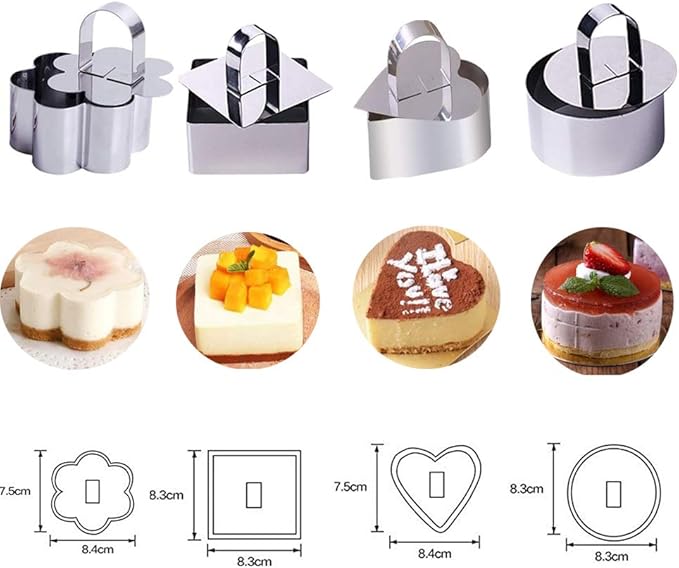 Stainless Steel 3D Cake Molds with Pusher Lifter Cooking Rings Set of 4,Baking Dish Bakeware Tools Cupcake Mold Mousse Ring Cheese Tools Salad Cake Dessert Mould(4 Different Shapes)