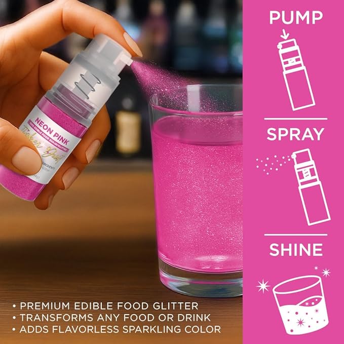 Bakell - Neon Pink Tinker Dust (4g, 1x Mini Spray Pump) Edible Glitter for Food, Desserts, and Beverages!