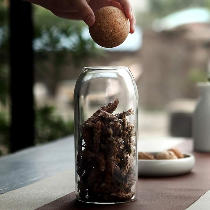 800ML/27Oz Clear Glass Storage Cute Canister Holder Ball Wood Cork Top, Modern Decorative Cylinder Container Jar with Round Lid for Coffee, Spice, Candy, Salt, Cookie Cool Terrarium Bottle