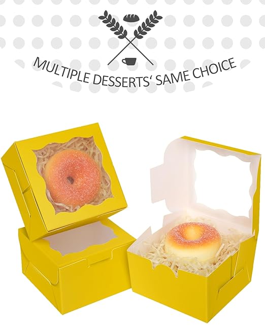 qiqee Yellow Bakery Box with Window 4x4x2.5 inch 30Packs Macaron Boxes Small Donut Pastry Boxes for Party Mini Cookie Boxes