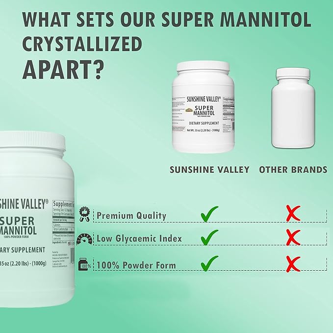 Sunshine Valley® Super Mannitol Powder, Natural & Healthy Artificial Sweetener, Ultra-Pure Sugar Substitute, Low Glycemic Dietary Supplement (35 Fl oz)