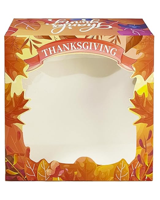 qiqee Thanksgiving 4pcs 10x10x5 inches Cake Boxes with Window 4Packs, 10 Inch Bakery Boxes Orange Maple Leaf Thanksgiving (4 cake boxes +4 Cake Boards Included)