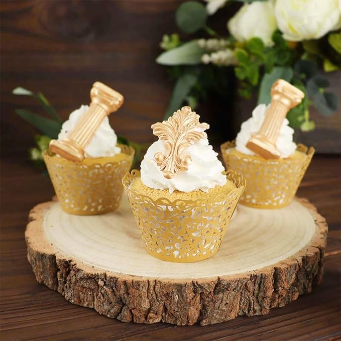 100pcs Yellow-Gold Cupcake Wrappers Artistic Bake Cake Paper Cups Little Vine Lace Laser Cut Liner Baking Cup Muffin Case Trays for Wedding Party Birthday Decoration (Gold)