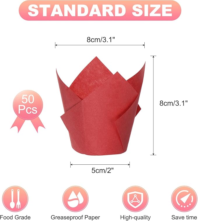 uxcell 50 Pcs Tulip Baking Cups Cupcake Muffins Liners Paper Greaseproof Wrappers for Wedding Birthday Party Festivals Christmas, Red