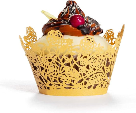 YOZATIA 60pcs Gold Rose Lace Cupcake Wrappers Holders, Laser Cut Cupcake Liners Decorative Liners for Wedding Party Birthday Cake Decoration Supplies