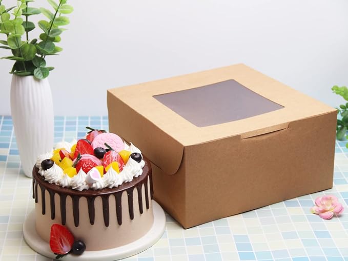 PQZKLDP 10Packs 10x10x5 Inches Brown Kraft Cake Boxes with Window, Gift Packing, Bakery Boxes, Dessert, Pastry, Cupcake, Pie Cookies, With Stickers,66 FT Twine (10 * 10 * 5 Inch, Brown)