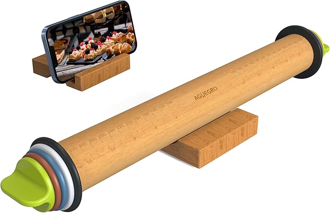 Rolling Pin with Adjustable Thickness Ring, Dough Thickness for Baking, Fondant, Pizza, Crust, Cookies, Pastry, 13.6" Wooden Rolling Pin with 4 Multi-Color Thickness Rings and Wooden Stand