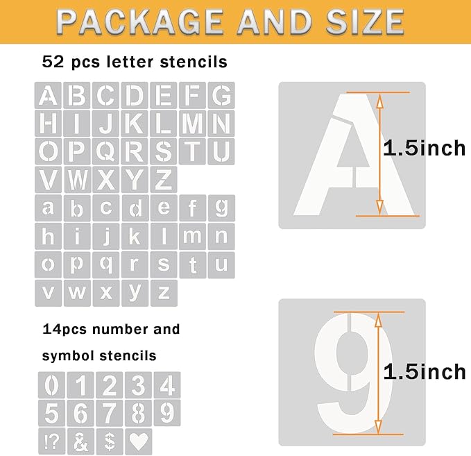YEAJON 1.5 Inch Letter Stencils Symbol Numbers Craft Stencils, 66 Pcs Reusable Plastic Alphabet Templates for Painting on Wood, Wall, Fabric, Rock, Glass, Signage