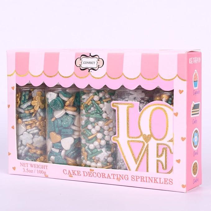 Confect Christmas Sprinkles | White, Grey, Gold & Holly Green Mix | Edible Pearl, Heart & Flower Shaped Sprinkles | Holiday Cake & Cupcake Decorations- 5 Oz