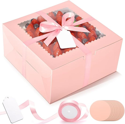 32Pcs 10 Inch Cake Boxes With Boards (16Pcs Pink, 16Pcs Boards), 10x10x5 Inch Bakery Boxes With Window, Carrier Container for Birthday Party, Wedding