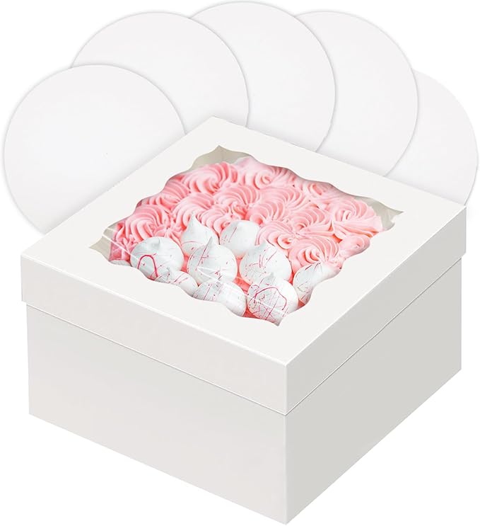 qiqee White 12x12x8 Cake Box, 4 Sets White Cake Box with Window ＆ 4 Sets 12" White Cake Round Boards, 12inch Cake Containers