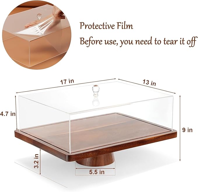 HouseJoy Acacia Wood Cake Stand with Lid-Extra Large 17" Rectangular Cake Holder，2-in-1 Dessert Table Display Set & Charcuterie Board，Acrylic Cake Dome Cover for Cheese/Veggie/Desert /Chips & Dip