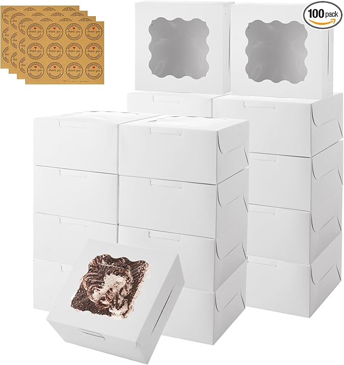 QTLCOHD 100 Pack Bakery Boxes 6 x 6 x 3 Inches Cookie Boxes with Window White Pastry Boxes Bulk Treat Boxes for Dessert, Cupcakes, Pastries, Cookies, Strawberries Chocolate