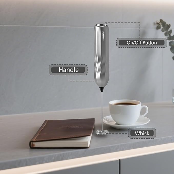 Handheld Milk Frother, Fast Powerful Drink Mixer Battery operated with Stainless Steel Whisk for Coffee (Silver)