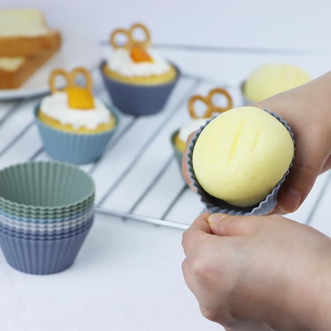 24Pack Silicone Muffin Cups, Reusable Cupcake Liners Molds for Baking, 3 Shapes Lunch Box Bento Dividers-Round, Square, and Rectangular (Grey Series, Regular Size)