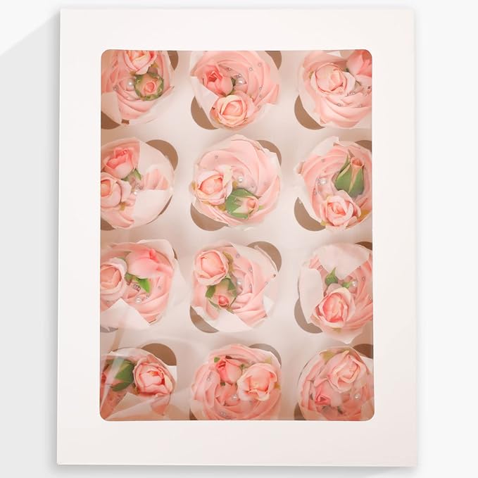 Bakepacker 12 Cupcake Containers 20-Packs White Cupcake Box Cupcakes Carrier, 12 Cupcake Boxes with Window 13"x10"x3.5"（Auto-pop up）