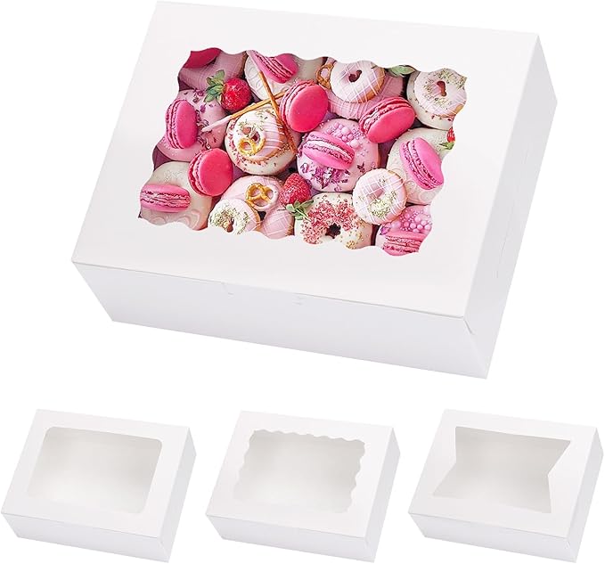Moretoes 48pcs Cookie Boxes with Window, 8x6x2.5 Inch 3 Style Treat Boxes for Pastry, Chocolate Covered Strawberries, Candy, Muffins, Donuts