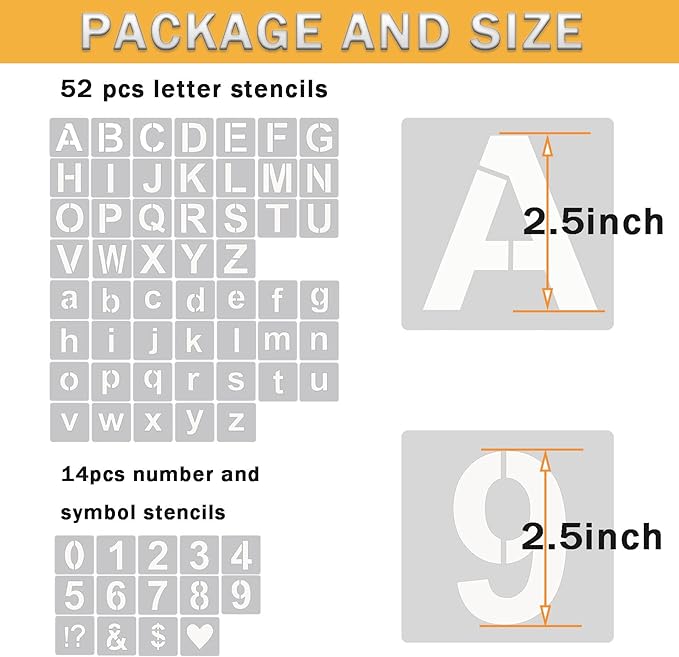 YEAJON 2.5 Inch Letter Stencils Symbol Numbers Craft Stencils, 66 Pcs Reusable Plastic Alphabet Templates for Painting on Wood, Wall, Fabric, Rock, Glass, Signage