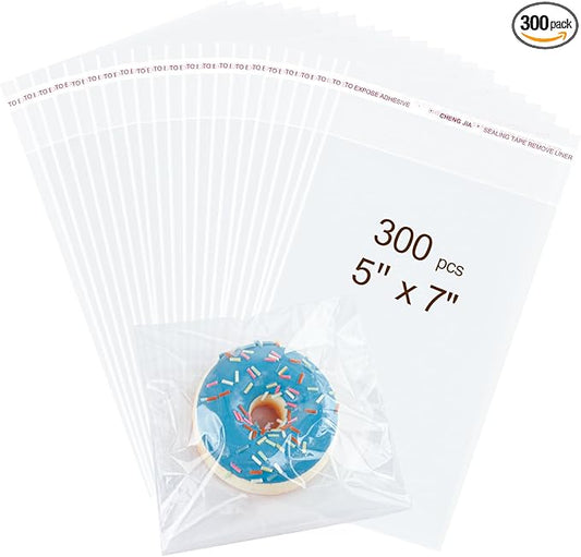 300PCS Clear Self Sealing Cellophane Bags - Cookie, Candy & Bread Bags (5x7 Inches)