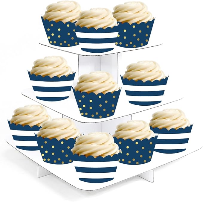 Andaz Press Party Cupcake Wrapper Decorations, Navy Blue Stripes and Metallic Gold Ink Polka Dots, 24-Pack, Theme Colored Bulk Cake Supplies