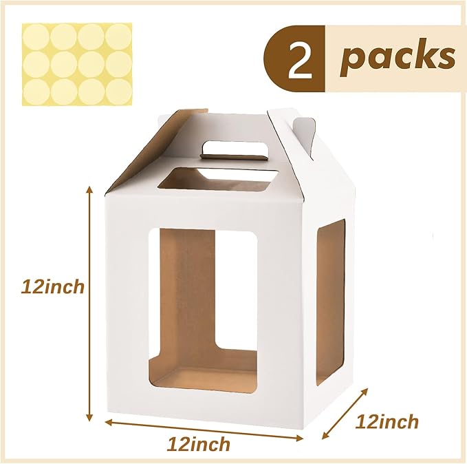 Tall Cake Boxes 6 Windows with handle,12x12x12 Tall Cake Carrier, Tiered Cake Box, Square cake box,largeTake Out Transport Containers Ideal for 10" & 12" Tiered Cakes (2Pack-White)