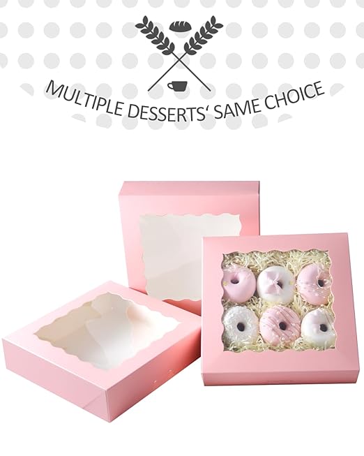 qiqee 8x8x2.5 Inch Pink Pastry Box With Window Donut Pie Boxes 12pcs Bakery Box (Auto-pop Up)